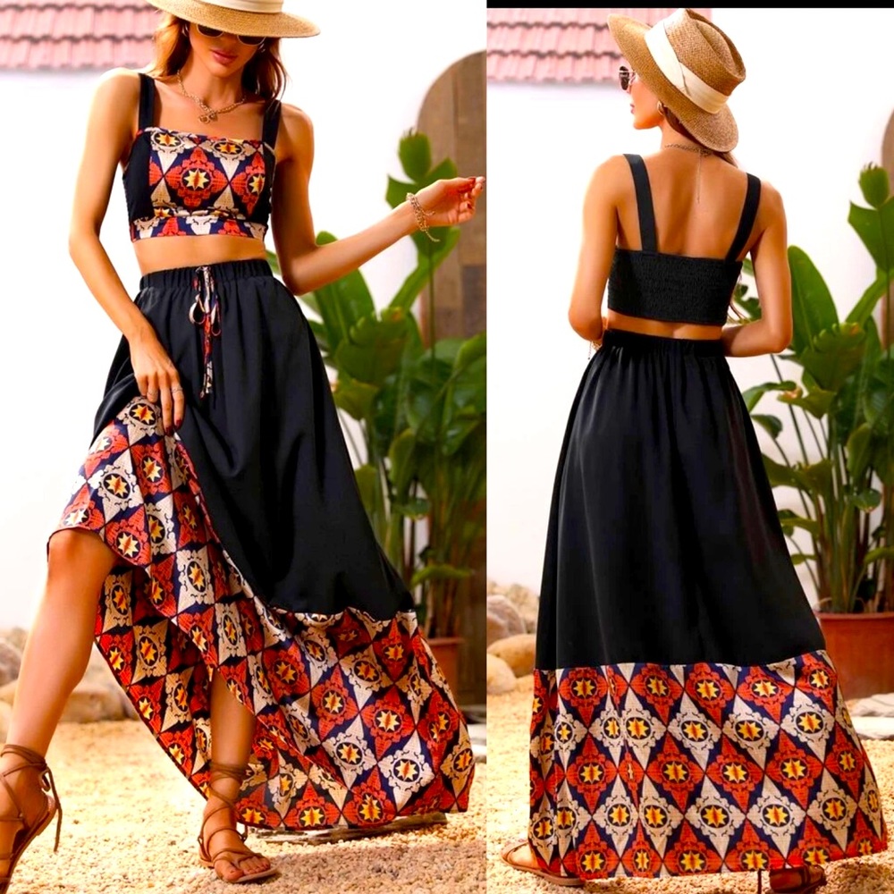 🔥NWOT BOHO 2-PIECE CROP AND SKIRT 1960’s STYLE MAXI SET. XL ORANGE BLACK YELLOW